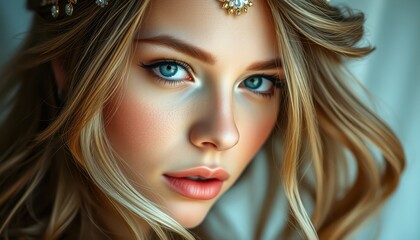 Fototapeta premium Ethereal Portrait of a Young Woman with Stunning Blue Eyes and Elegant Hair Accessory