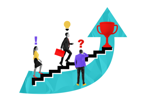 Businesspeople climbing stairs towards a trophy, with symbols indicating ideas and questions over their heads, on a white background. Concept of career progression and leadership