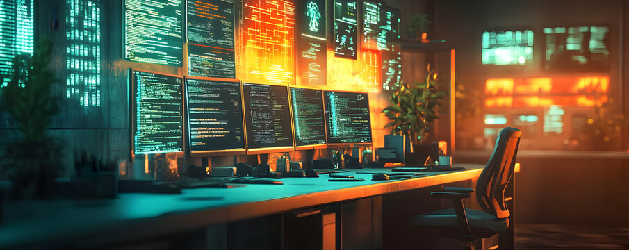 Illustration - Coding Desk Setup, Cybersecurity, Programming, Software Development