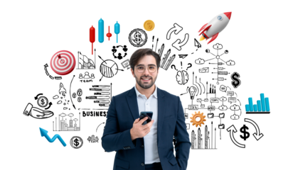Businessman holding phone, surrounded by business and startup doodles, various icons, on a white background. Concept of business planning and success