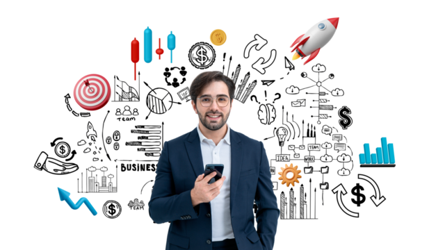 Businessman holding phone, surrounded by business and startup doodles, various icons, on a white background. Concept of business planning and success