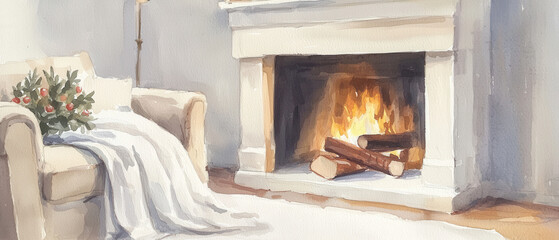 A cozy living room scene with a warm fireplace, soft blanket, and decorative flowers, creating a comforting atmosphere.