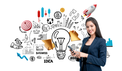 Businesswoman holding smartphone with startup doodles, lightbulb, and rocket around her on white background. Concept of business and idea generation