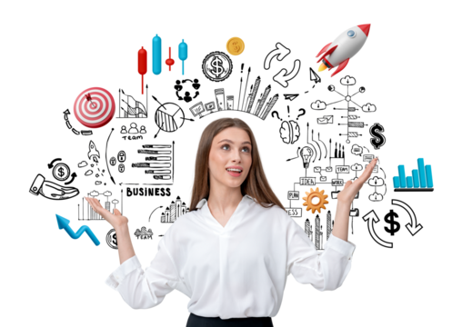 Businesswoman in white blouse gesturing with hands, surrounded by conceptual business and success icons on a white background, representing innovation and strategy.