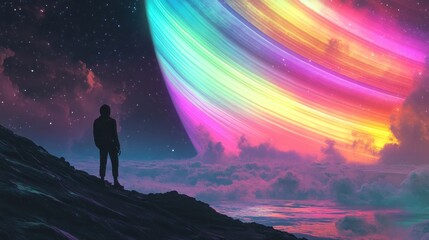 Fototapeta premium Solitary Figure Gazing at a Multicolored Planetary Ring System