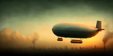 Obraz premium Cargo zeppelin freight convoys utilizing automated lighter than air technology for coordinated multimodal logistics in a Dieselpunk inspired Raygun Gothic industrial landscape at dusk