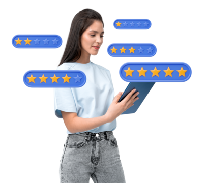 Woman holding a tablet with floating star ratings around her. Isolated on a white background. Concept of feedback and customer reviews - Powered by Adobe