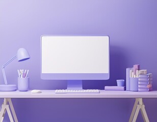 3D minimalist purple desk with a computer a lamp and books