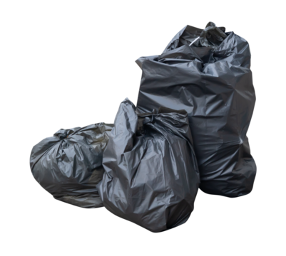 Front view of garbage in black plastic bag at garbage dump isolated with clipping path in png file format