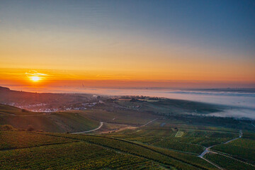 A bird's eye view of a beautiful sunrise with morning mist in autumn in the Rheingau near Eltville