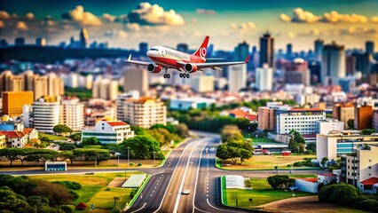 Fototapeta premium Tilt-Shift Photography of Commercial Plane Landing at Congonhas Airport, São Paulo - Aerial View of Urban Landscape, City Life, Aviation, and Transportation