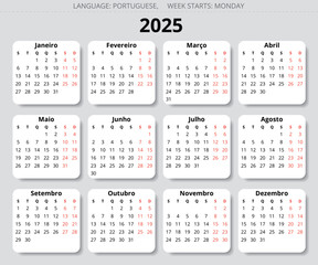 PORTUGUESE calendar for 2025 year. Printable vector illustration Portugal