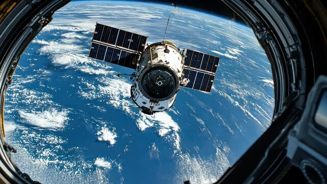 A satellite is seen from the inside of a space shuttle