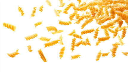 Close-up shot of flying fusilli pasta against white background. Image with shallow depth of field