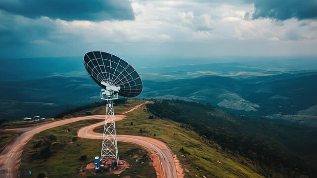 A satellite dish is on a hillside with a view of the mountains