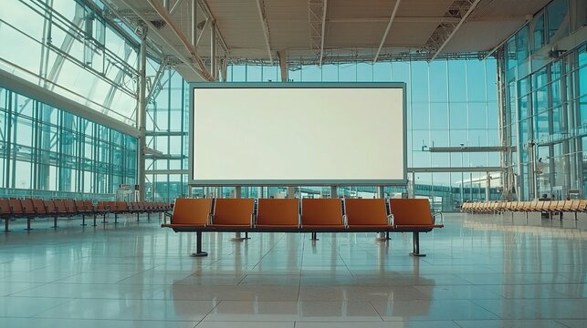Large blank billboard mockup in a high-traffic airport terminal with a clean, modern aesthetic, ideal for travel advertisements
