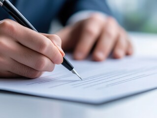 A close-up of a person's hand writing on a document with a pen, showcasing professionalism and attention to detail.