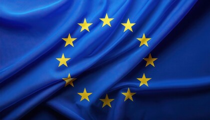 European Union Flag with Twelve Golden Stars on Blue Fabric Background Symbolizing Unity, Solidarity, and Identity Across European Member Nations. Ideal for Politics, Education, and Culture Themes