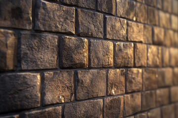 Naklejka premium A close-up view of a 3D textured dark brick wall with deep shadows highlighting each brick creating a dimensional and rugged look 