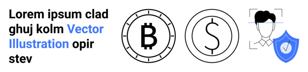 Bitcoin and dollar coin symbols, user authentication icon, and security shield with checkmark. Ideal for cryptocurrency, finance, digital security, fintech, authentication, online banking