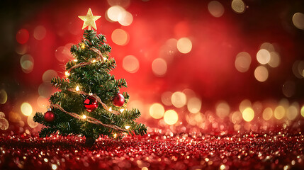 Christmas tree with red ornaments and lights on dark background