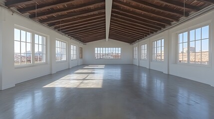 Bright open office with minimal decor, blank walls, modern and professional environment