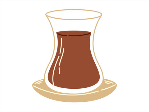 Traditional Turkish glass with black tea, armuda with saucer. Vector isolated on white illustration of hot drink.