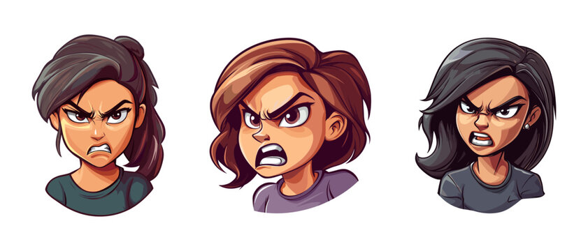 Furious Angry Woman Vector Cartoon Illustration. woman expressing negative emotions. Displeased, angry girl. Vector set beautiful emoticons face of people fear shock surprise avatars characters isolet