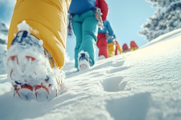 Climbers Ascending a Snowy Ridge With Colorful Backpacks