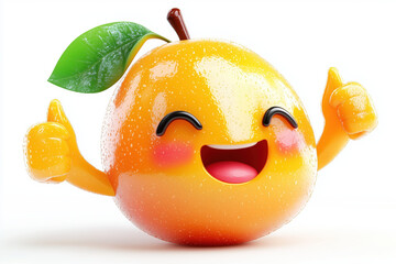 Cute cartoon mango with leaves, smiling and giving thumbs up.