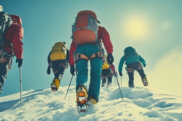 Climbers Ascending a Snowy Ridge With Colorful Backpacks