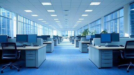 Blank and open office space, modern furnishings, natural light streaming through windows