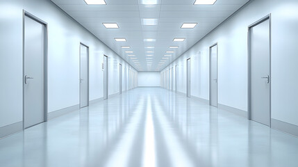 Modern office with clean design, blank walls, bright lighting, open and fresh environment