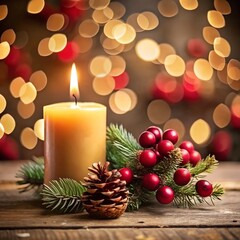 Christmas background with candle and decorations.