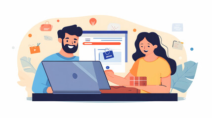 A couple smiling while using a laptop, engaging in online shopping or planning travel from home    