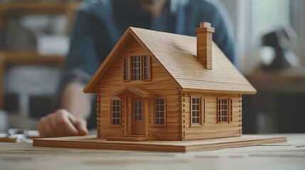 Wooden house model with design sketches and drafting equipment on desk, architect studio background