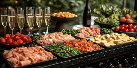 Elegant buffet spread with fresh strawberries, assorted meats, crisp vegetables, and sparkling wine in beautiful glass flutes, showcasing variety and color on a stylish black table