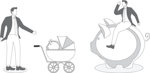 One businessman sitting on a big piggy bank and another one holding a small piggy bank