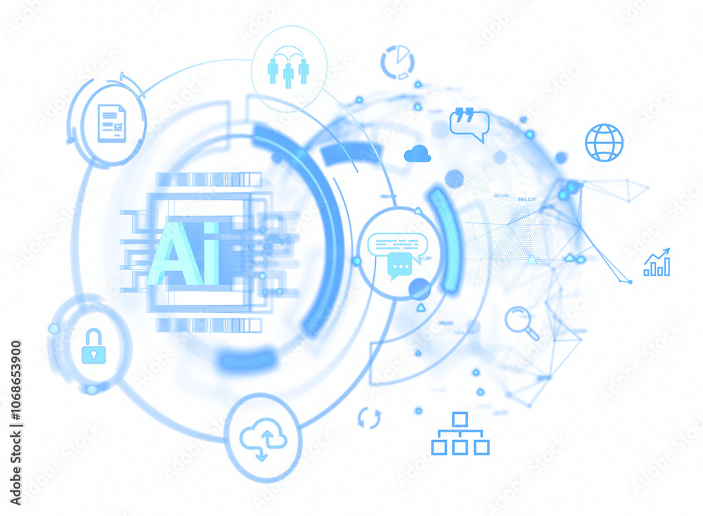 Poster ai elements and icons connected in a futuristic interface on a light background. concept of artifici