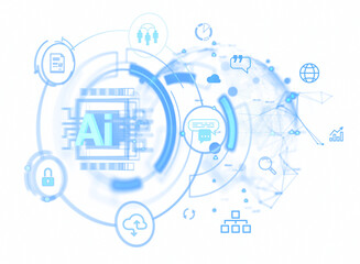 AI elements and icons connected in a futuristic interface on a light background. Concept of artificial intelligence and technology