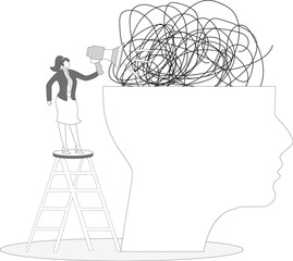 Opened head, woman speaking through megaphone with tangled messy line