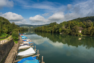 Rhine, river landscape with boats on the Swiss-German border, Kaiserstuhl, Canton of Aargau, Switzerland