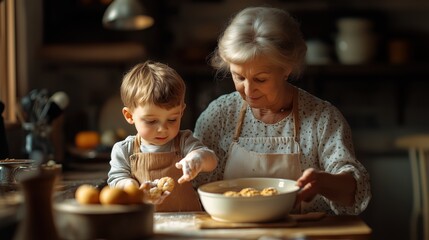A warm moment between grandmother and grandson as they bake cookies together, sharing joy and family tradition.