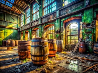 Urban Exploration of Giant Old Wooden Barrels in Abandoned Warehouse - Captivating Texture and Detail in Decay