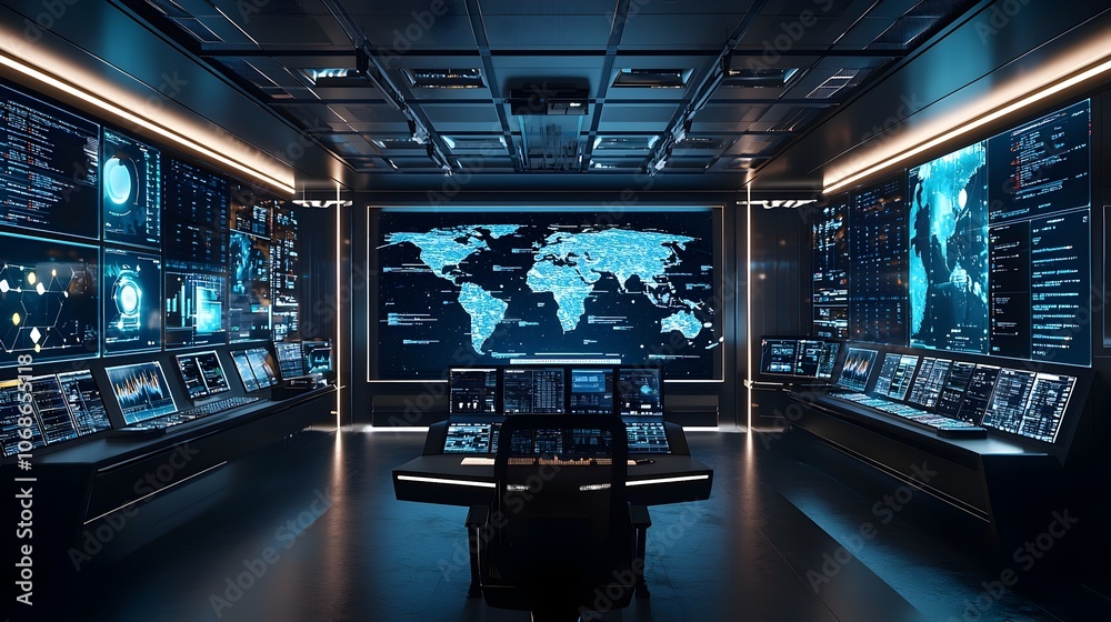 Poster futuristic control room monitoring global sentiment trends with digital screens and color coded maps