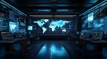 Sleek Futuristic Control Room Monitoring Global Sentiment Trends with Color Coded World Maps