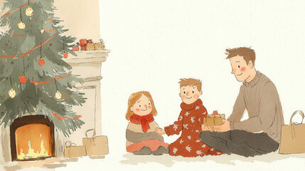 Obraz premium A cozy Christmas scene featuring a father with two children, surrounded by a decorated tree, gifts, and a warm fireplace.