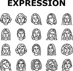 facial expression female smile icons set vector. pout smirk, glare wink, blush scowl, grin sneer, beam, grimace pout, sulk, glower facial expression female smile black contour illustrations