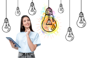 A woman holds a tablet, looking up at illustrated lightbulbs. Colorful splash behind the central bulb on a white background, representing ideas and creativity