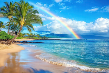 Fototapeta premium Tropical Beach with a Vibrant Rainbow over Clear Blue Waters